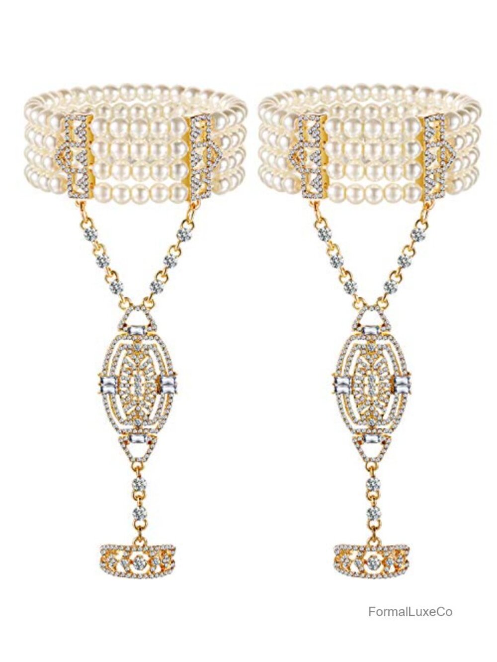 2 Pc 1920s Flapper Bracelet Ring Set Imitation Pearl Crystal Stretch